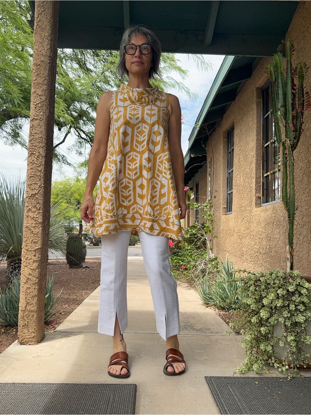 Global mama’s cowl neck mustard batik a line mini dress size small